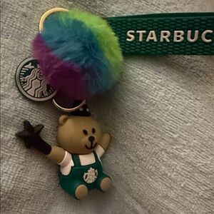 Starbucks Bear Keychain with Colorful Pom-Pom